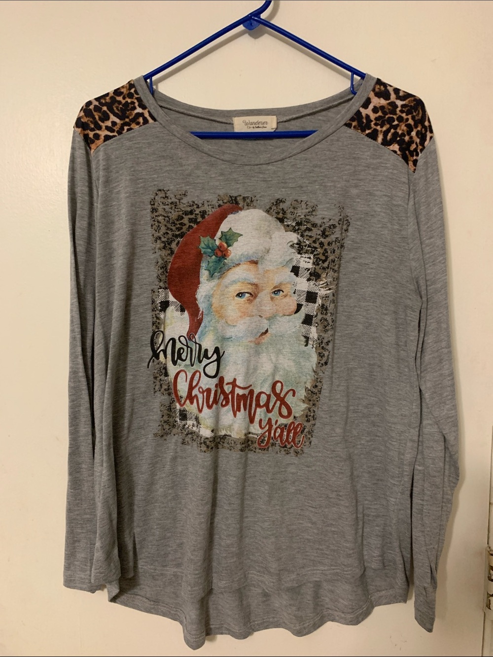 Southern Grace Gray Santa Graphic Long Sleeve Top with Leopard Shoulders